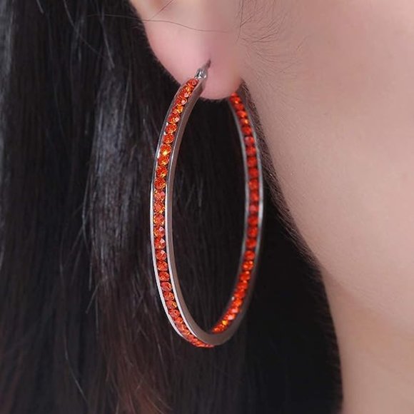 Bright Red Rhinestone Silver Hoop Earrings Big Sparkle Crystal Channel Hoops New - Picture 11 of 12